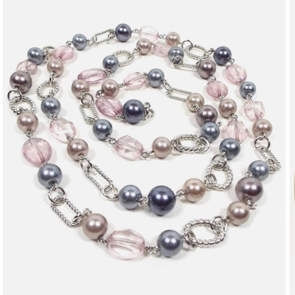 Long Premier Designs Silver Plated Faux Pearl Beaded Vintage 90'es Necklace - Picture 4 of 5